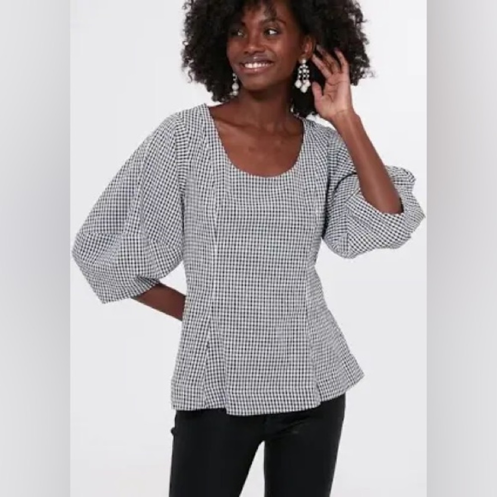 Pomander Place Black & White Gingham Malarie Blouse Peplum & Puff sleeve Large